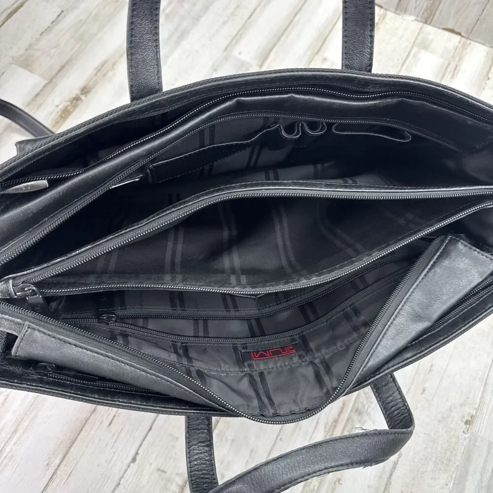 Tumi Briefcase Large Shoulder Satchel Travel  Tote Bag Black Leather Trim Unisex